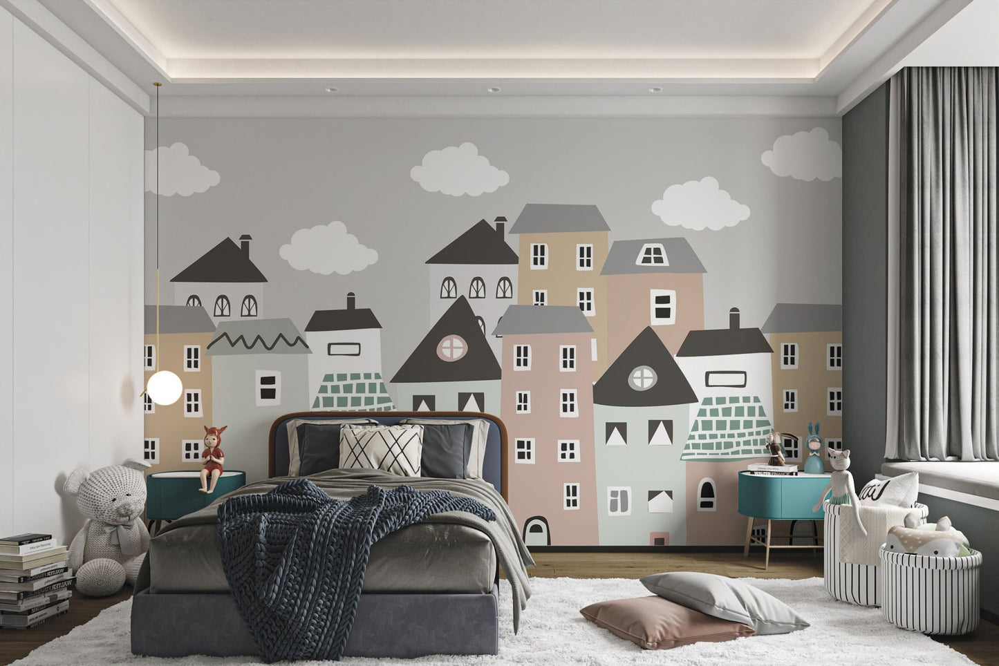 Cute nursery mural with colorful whimsical houses for kids bedroom.