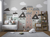 Charming nursery mural featuring playful house designs for nursery.