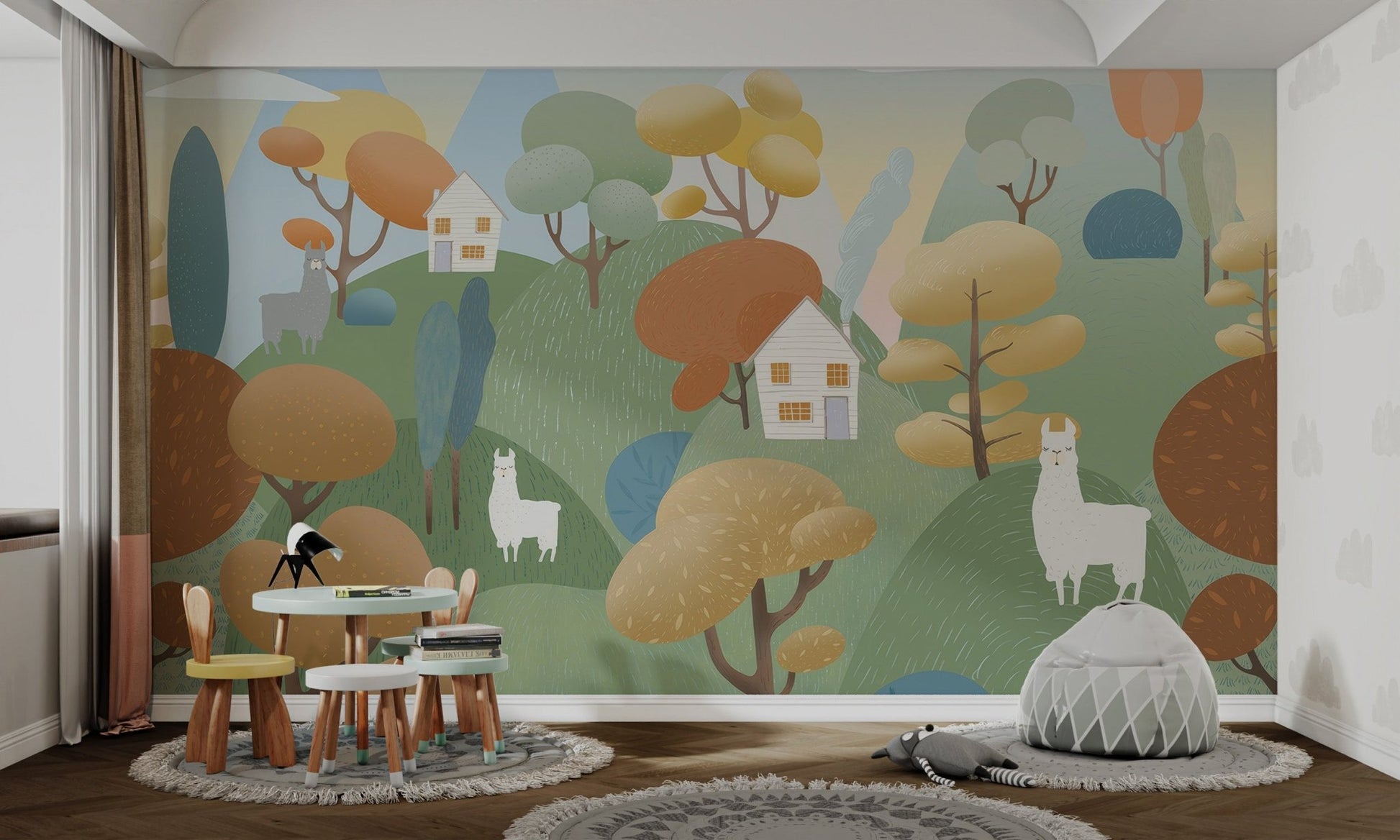 Pastel green and yellow landscape wall mural for a modern study room setting.