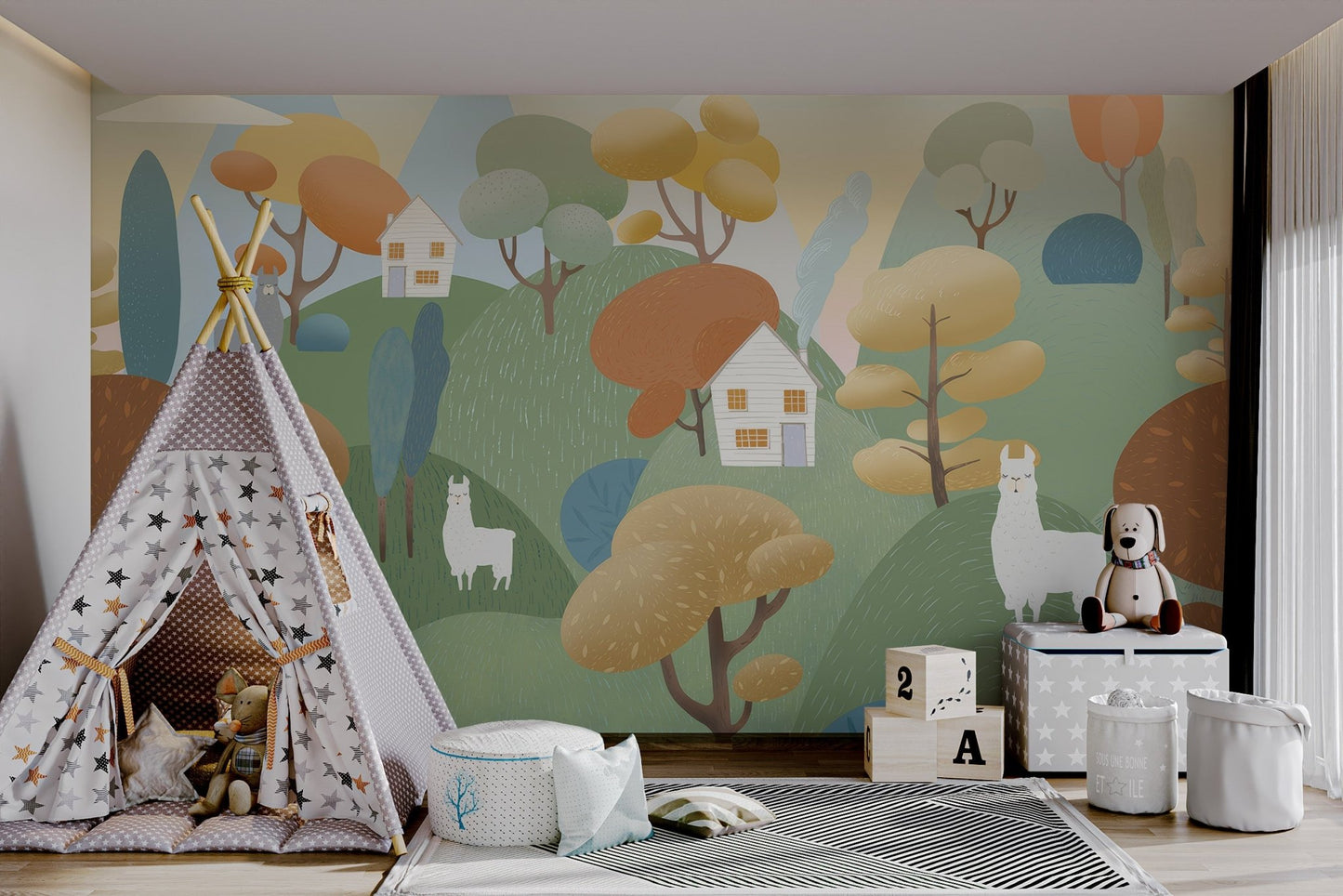 Children’s playroom wall mural with llamas, rolling hills and cozy houses.
