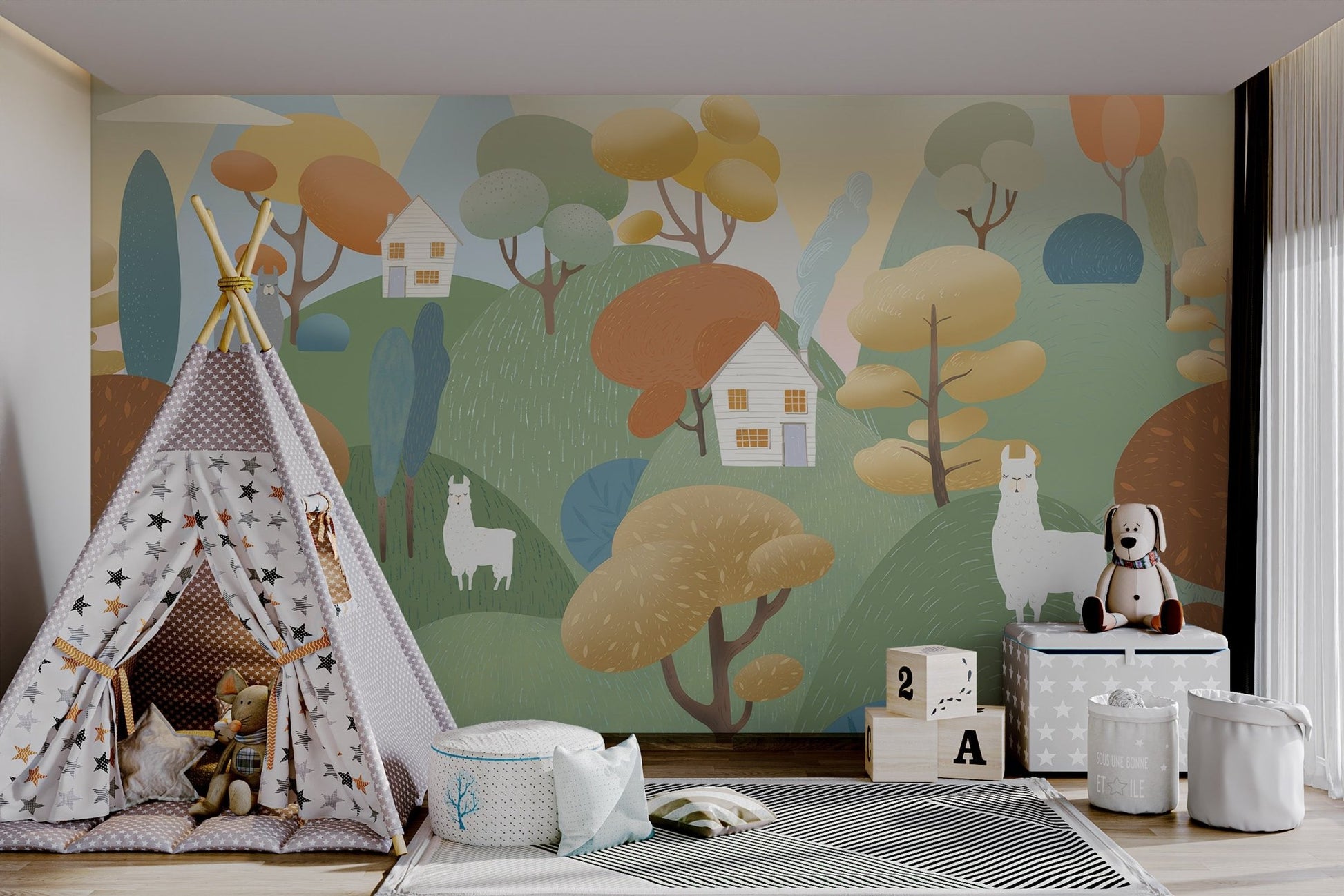 Children’s playroom wall mural with llamas, rolling hills and cozy houses.