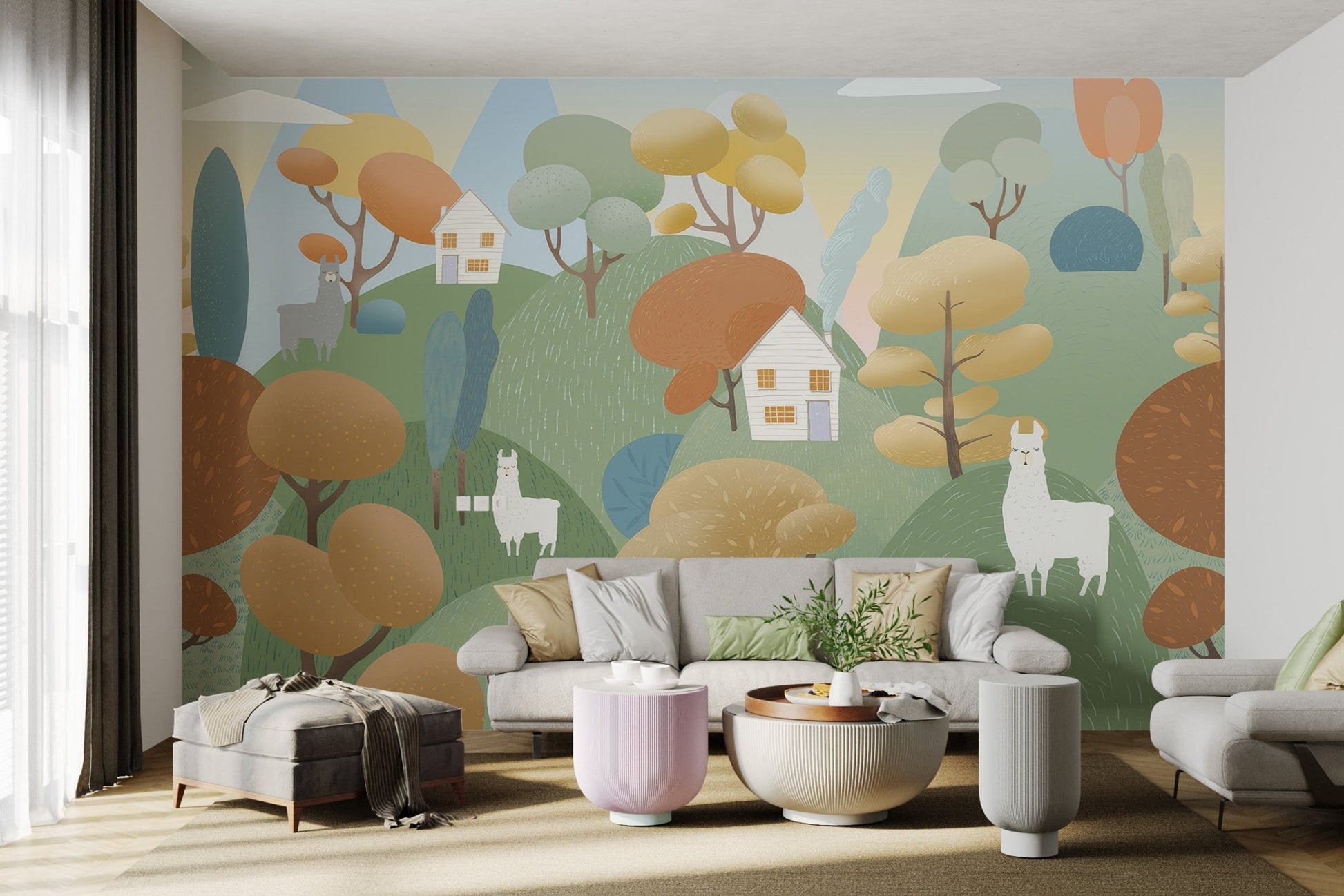 Illustrated mountain scenery wall mural with houses and decorative trees.