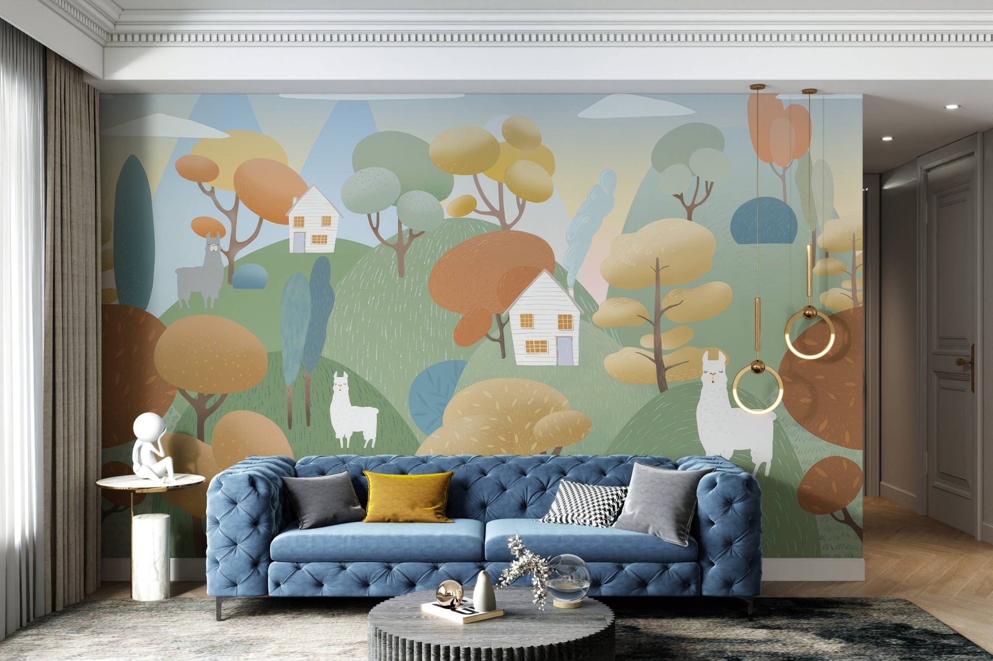 Pastoral mural featuring llamas, hills, houses and vibrant trees for hallway.