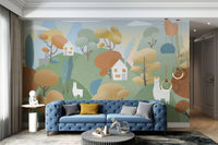 Pastoral mural featuring llamas, hills, houses and vibrant trees for hallway.