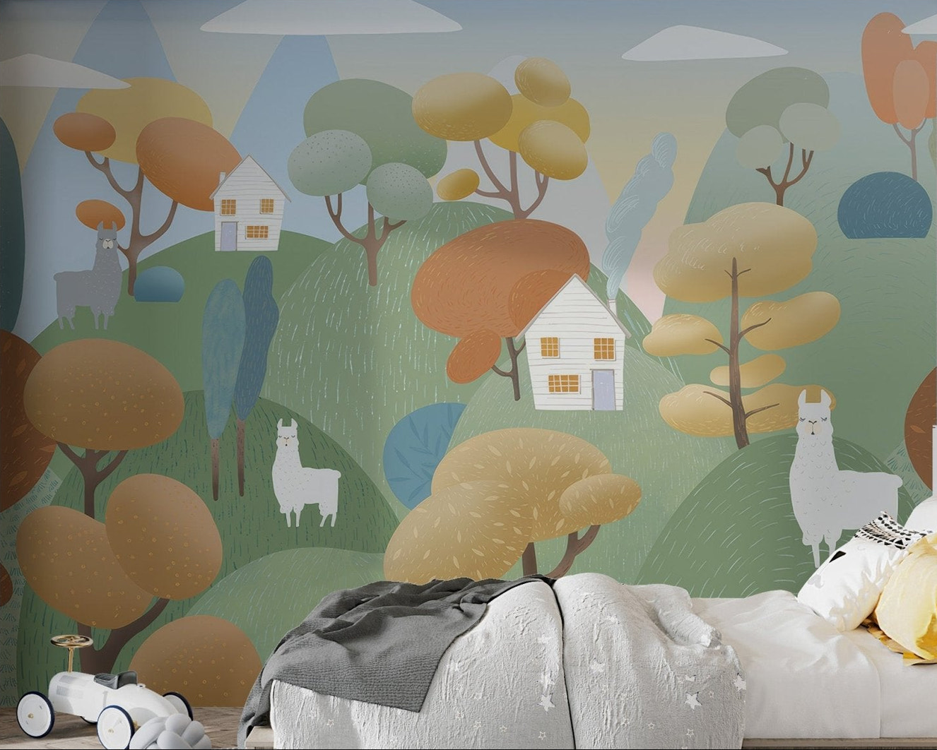 Whimsical Llama Hills Wall Mural showcasing a scenic valley for bedroom