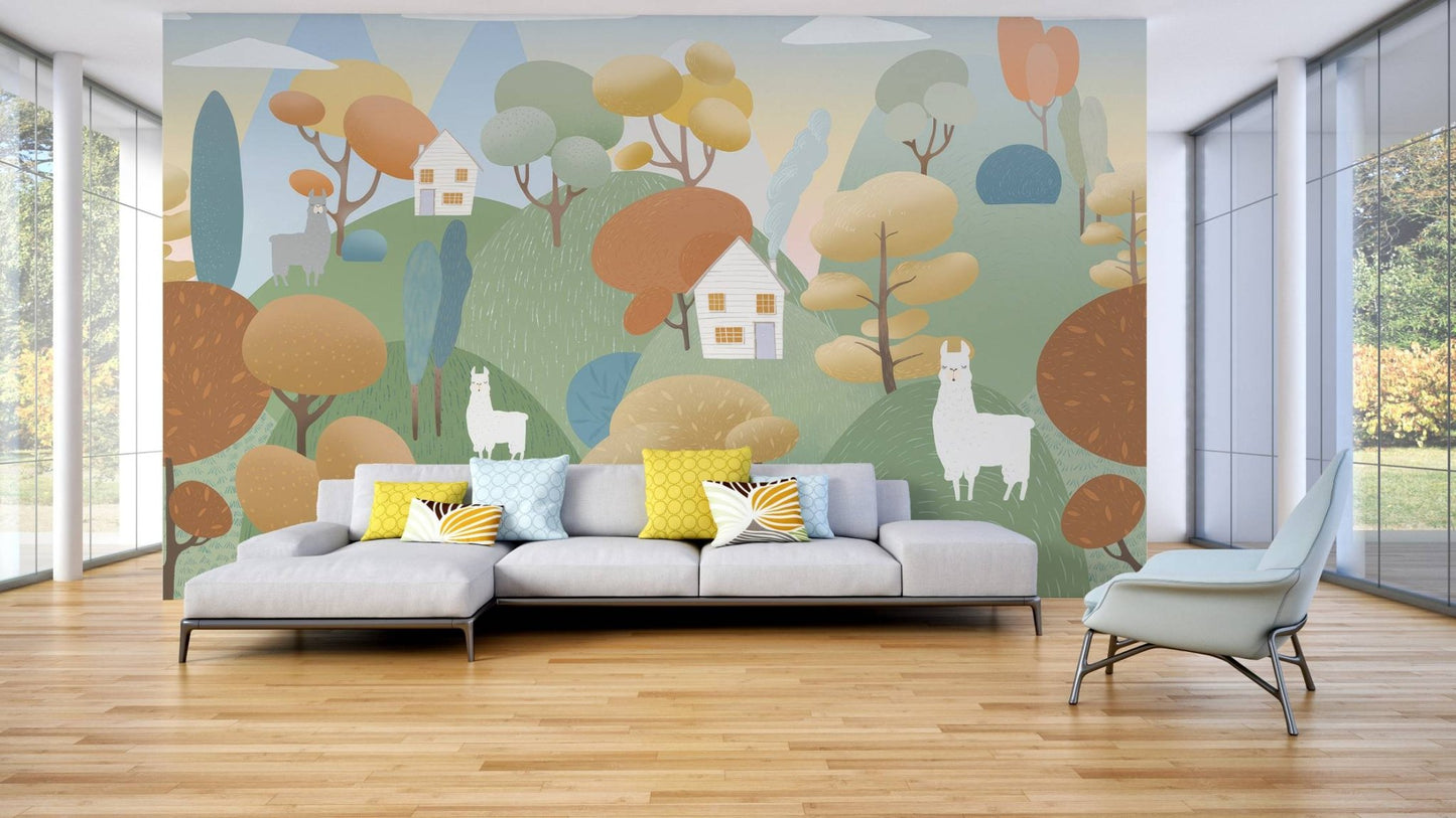 Living area wall mural with illustrated trees and small white cottages.