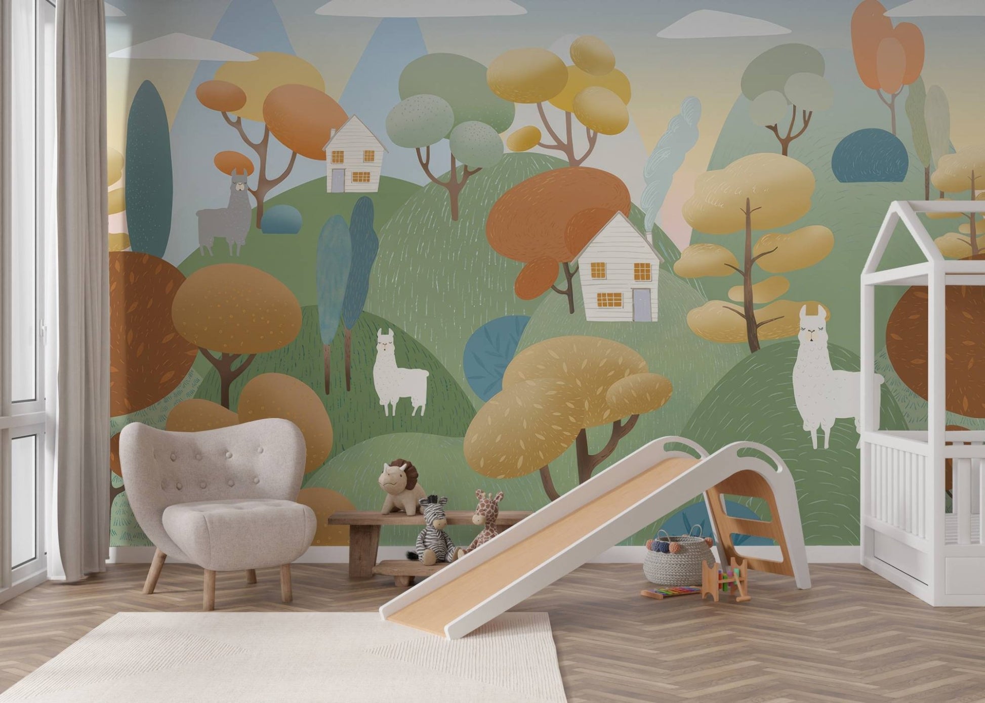 Whimsical mural of llamas on green rolling hills for modern nursery.