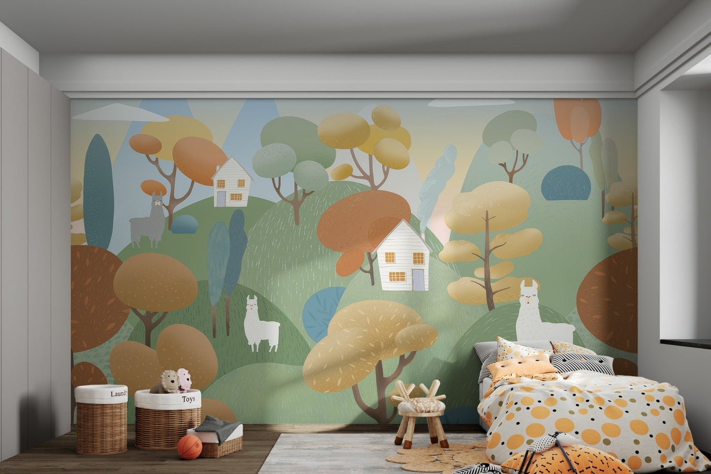 Soft blue sky and rolling green hill wall mural for a bright kids bedroom.