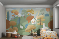 Soft blue sky and rolling green hill wall mural for a bright kids bedroom.