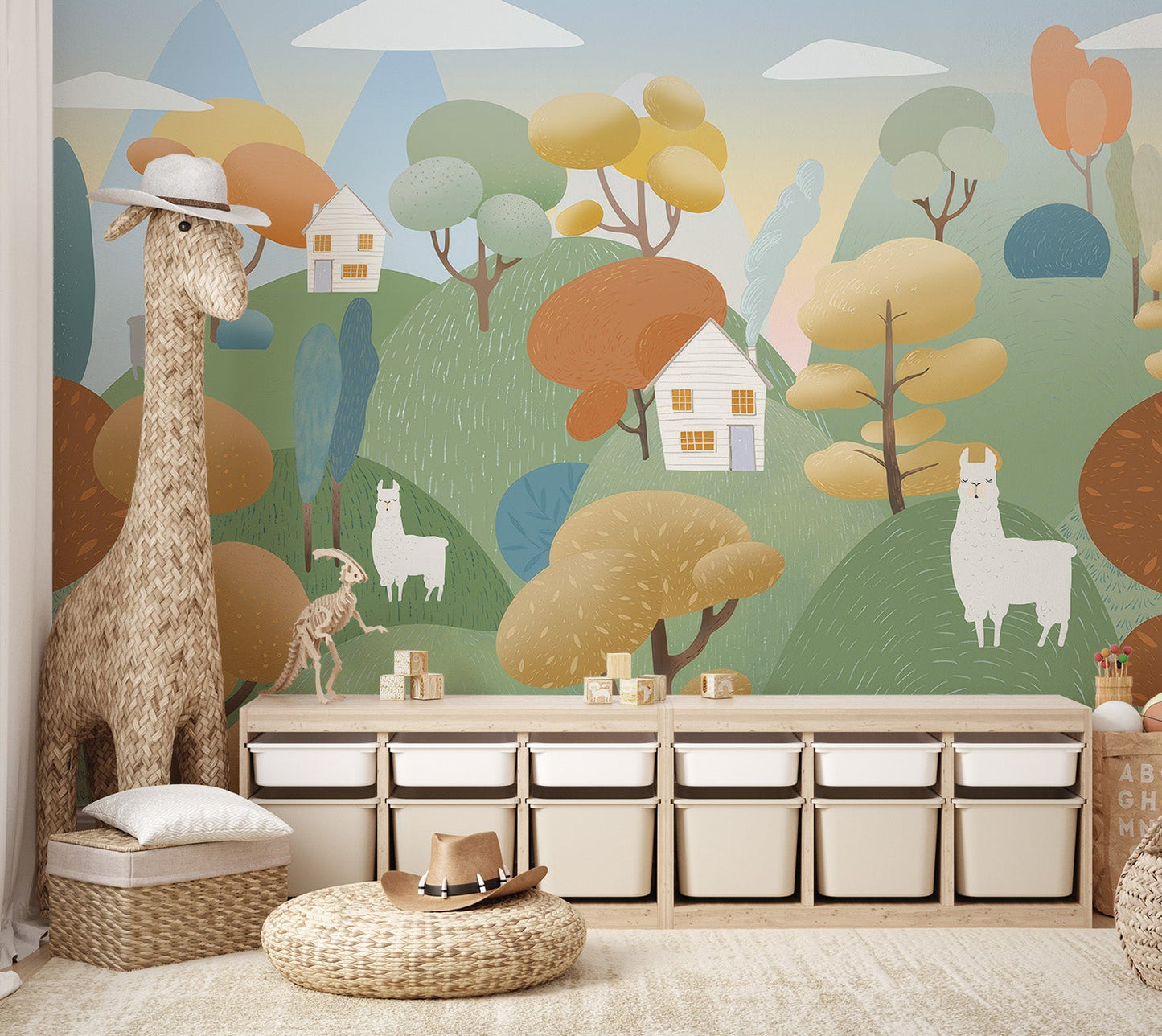 Whimsical Llama Hills Wall Mural with soft beige and teal accents.