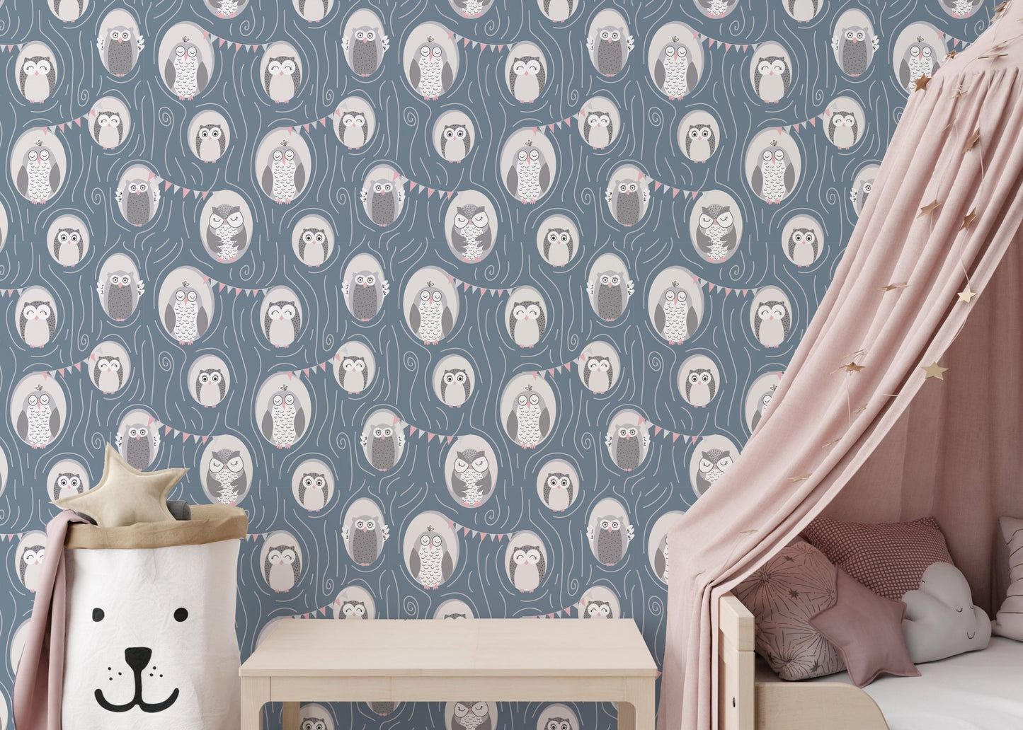 Whimsical Owls in Tree Repeat Pattern Wallpaper in a toddler room with pink canopy bed.