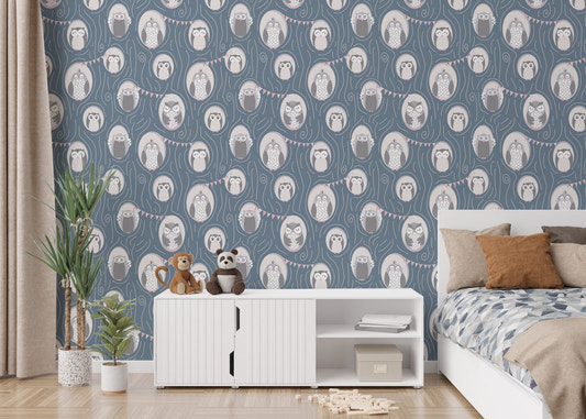 Whimsical Owls in Tree Repeat Pattern Wallpaper in a modern kids' bedroom with white bed.