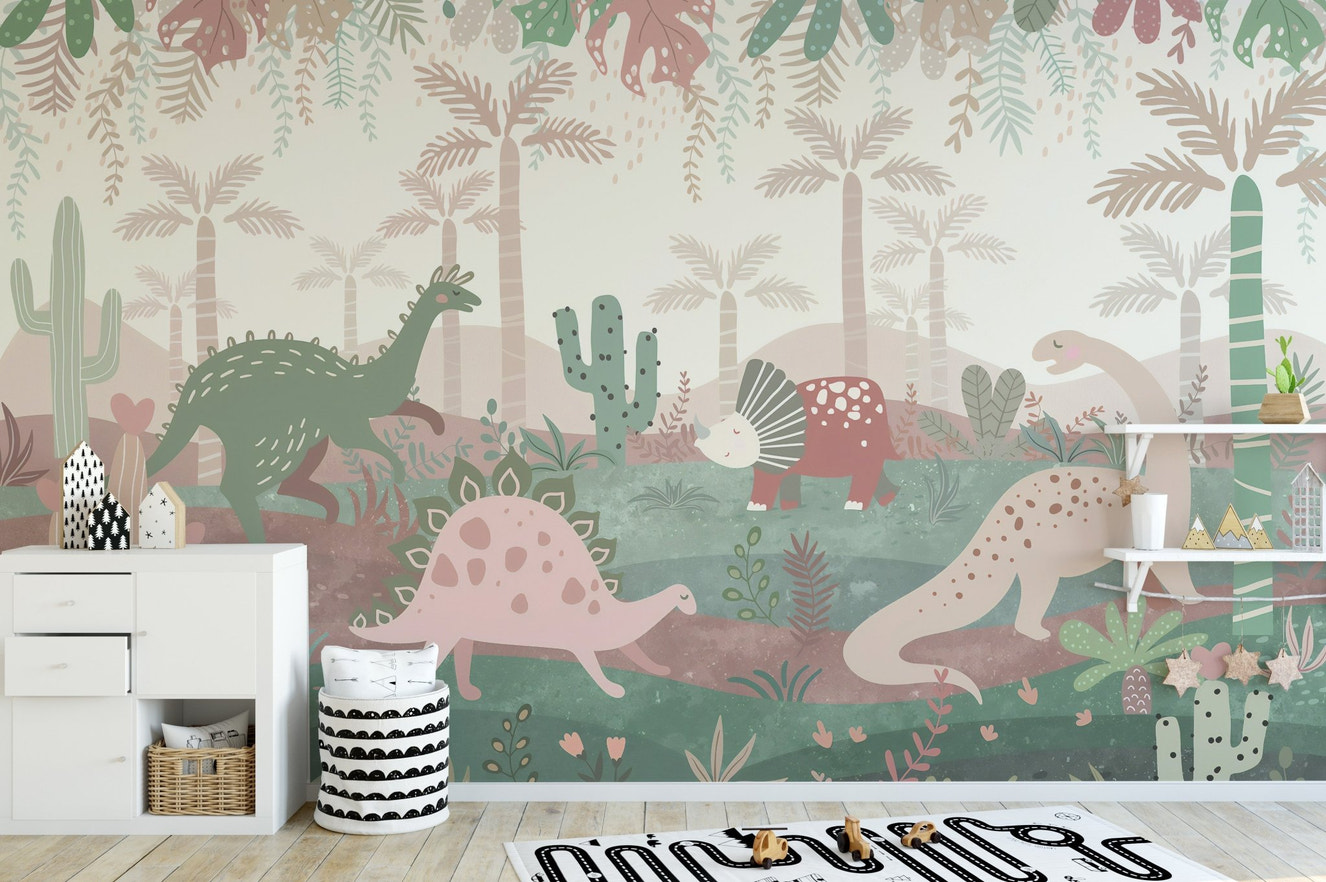 Charming dinosaur wall mural in kids play area.