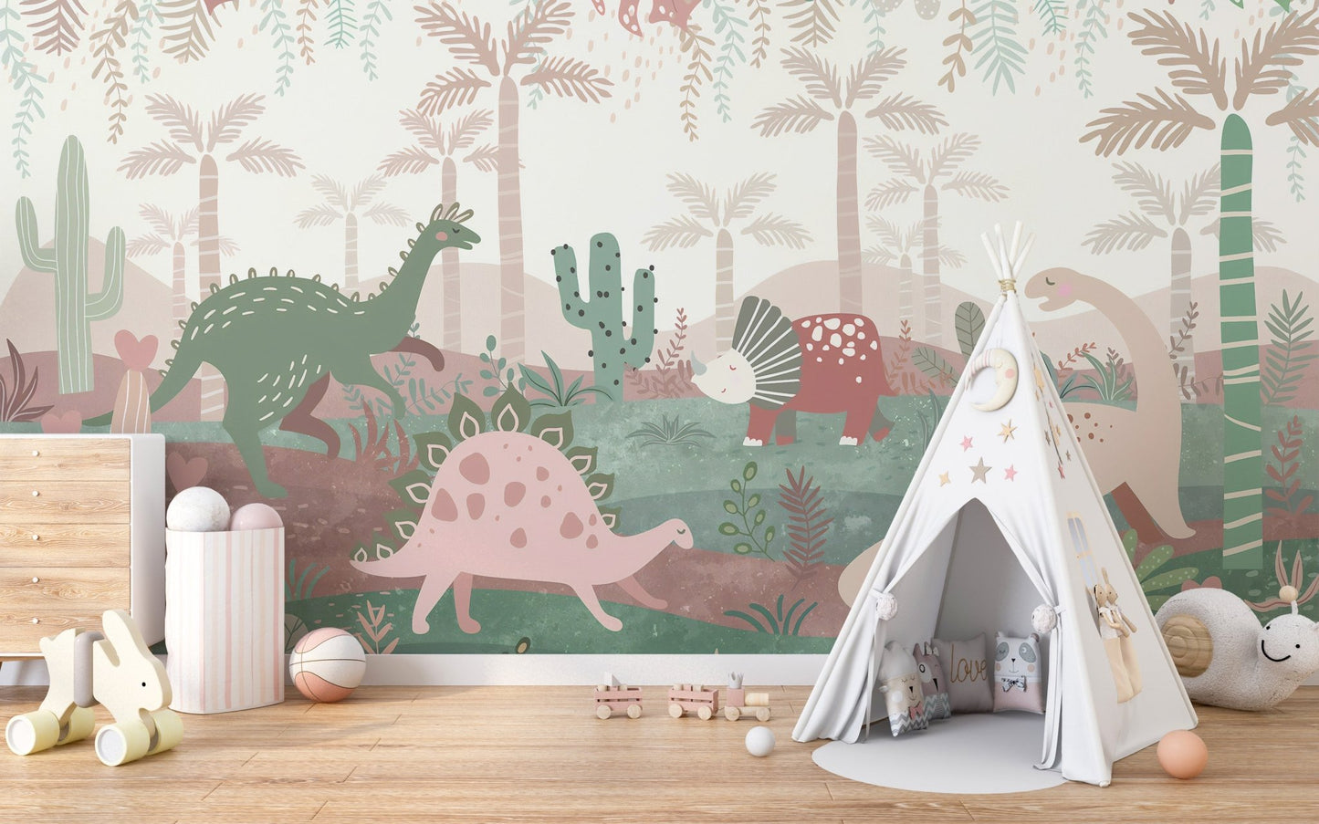 Whimsical pastel dinosaur mural in children's room.