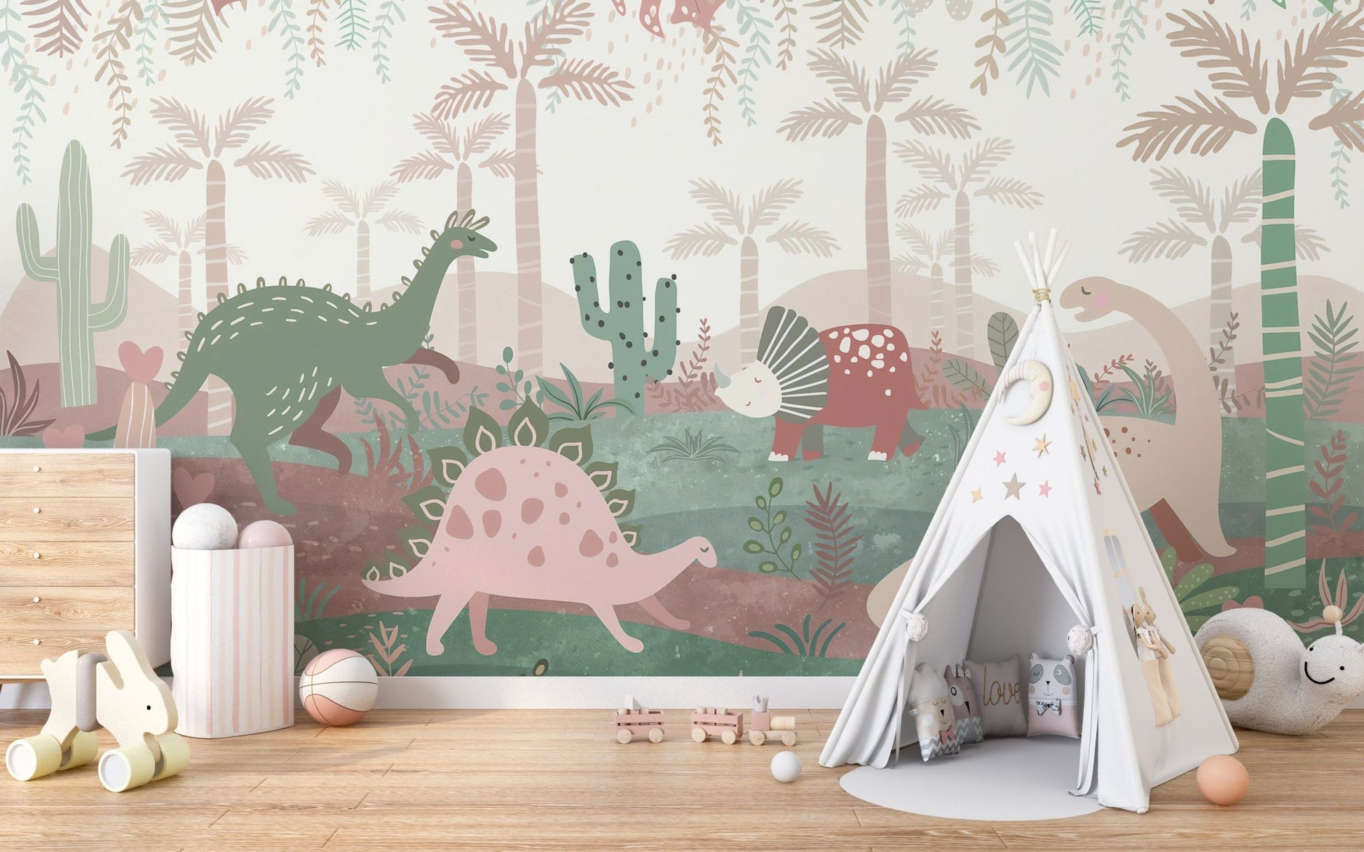Whimsical pastel dinosaur mural in children's room.