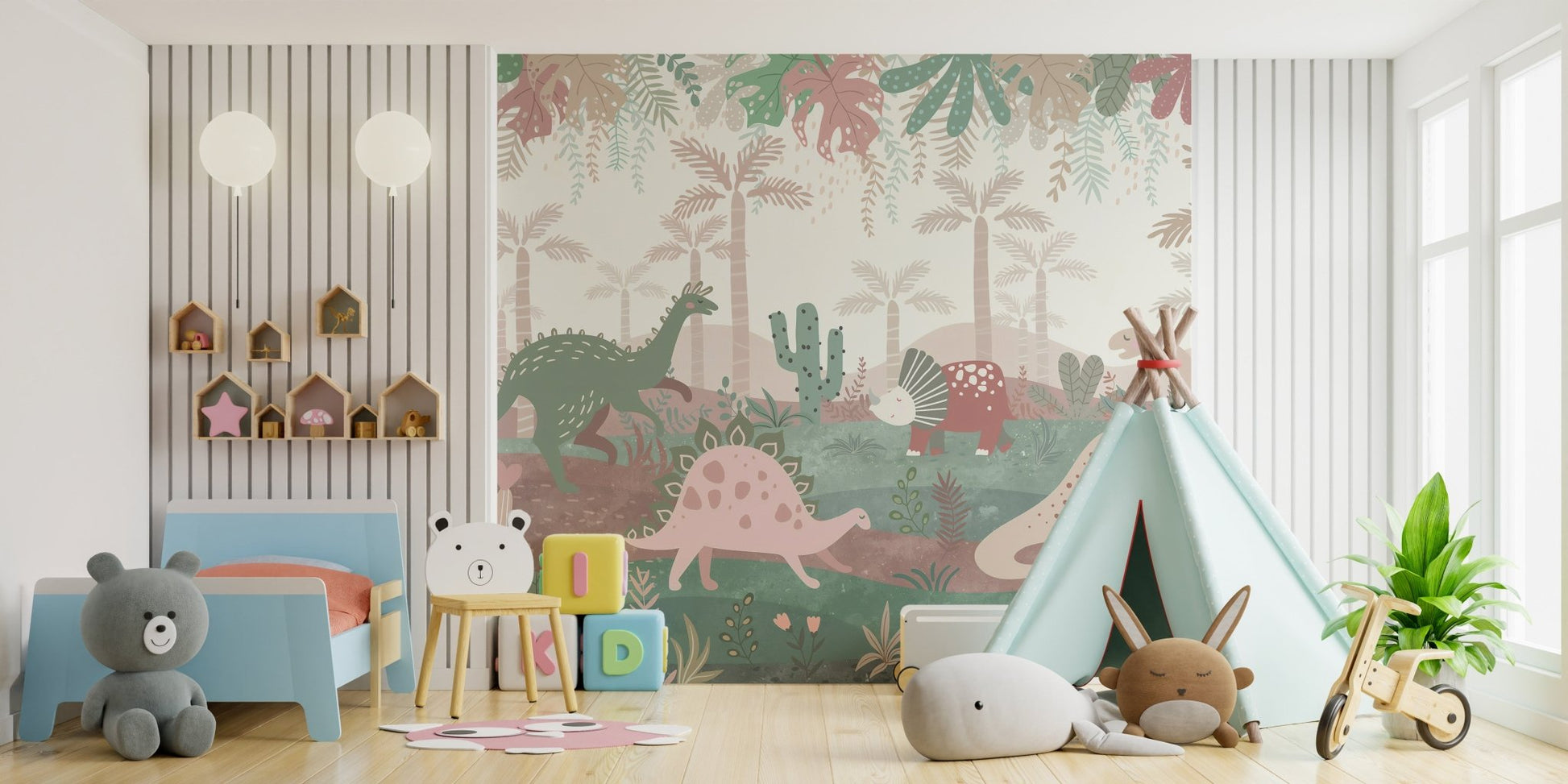 Fun pastel dinosaur mural with lively details in kids bedroom.