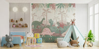 Fun pastel dinosaur mural with lively details in kids bedroom.