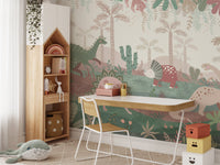 Study desk with a whimsical pastel dinosaur parade murals.