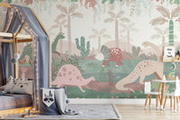 Pastel dinosaur mural in modern children's bedroom.