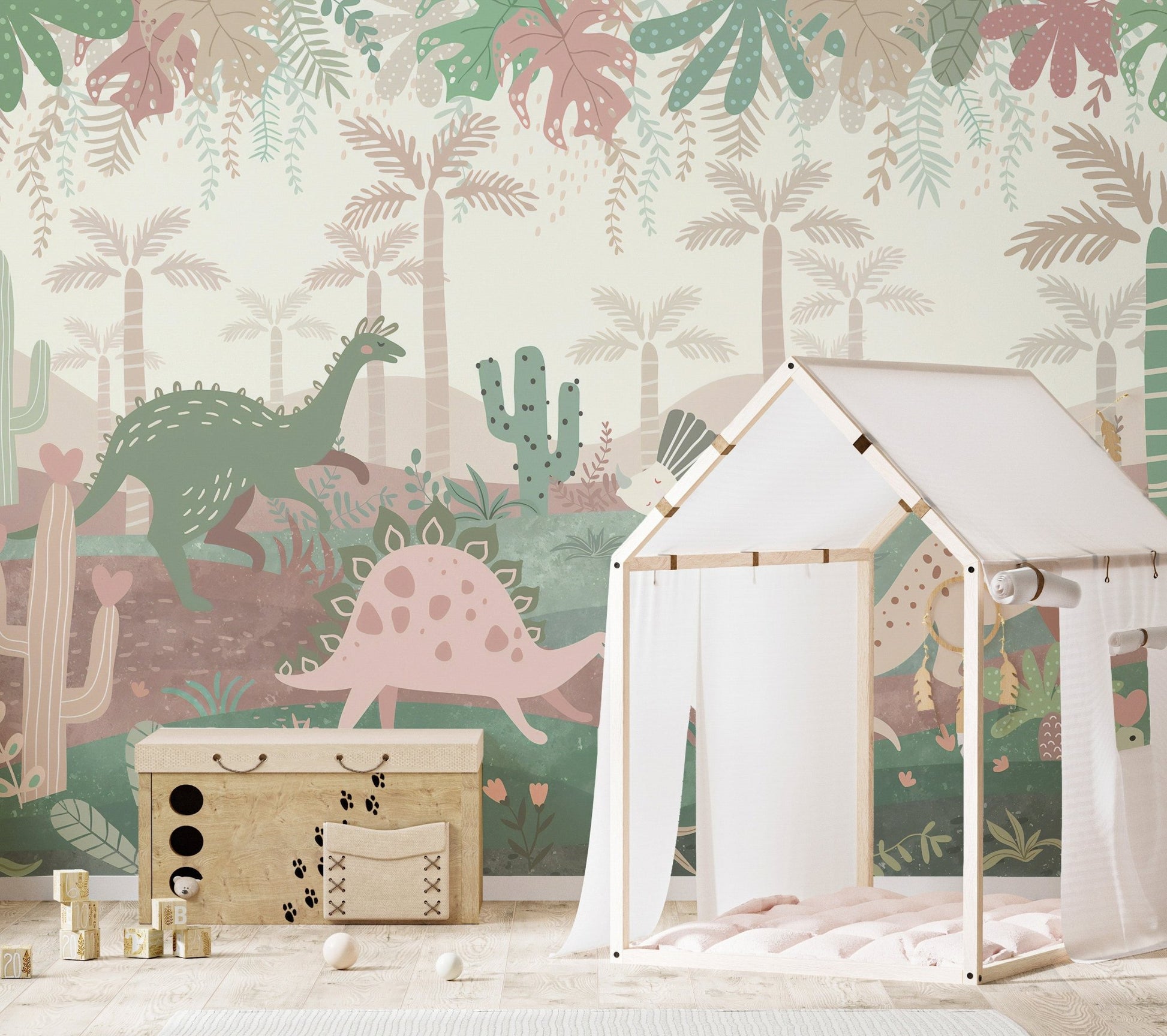 Cute dinosaur parade mural with pastel hues in kids playroom.