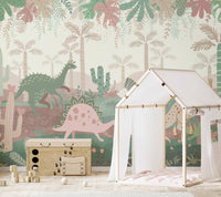 Cute dinosaur parade mural with pastel hues in kids playroom.