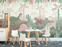 Dinosaur parade wall mural in kids dining area.