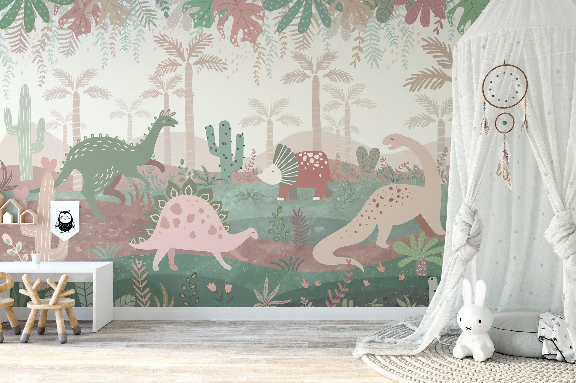Playful pastel dinosaur mural in modern kids room.