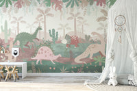 Playful pastel dinosaur mural in modern kids room.
