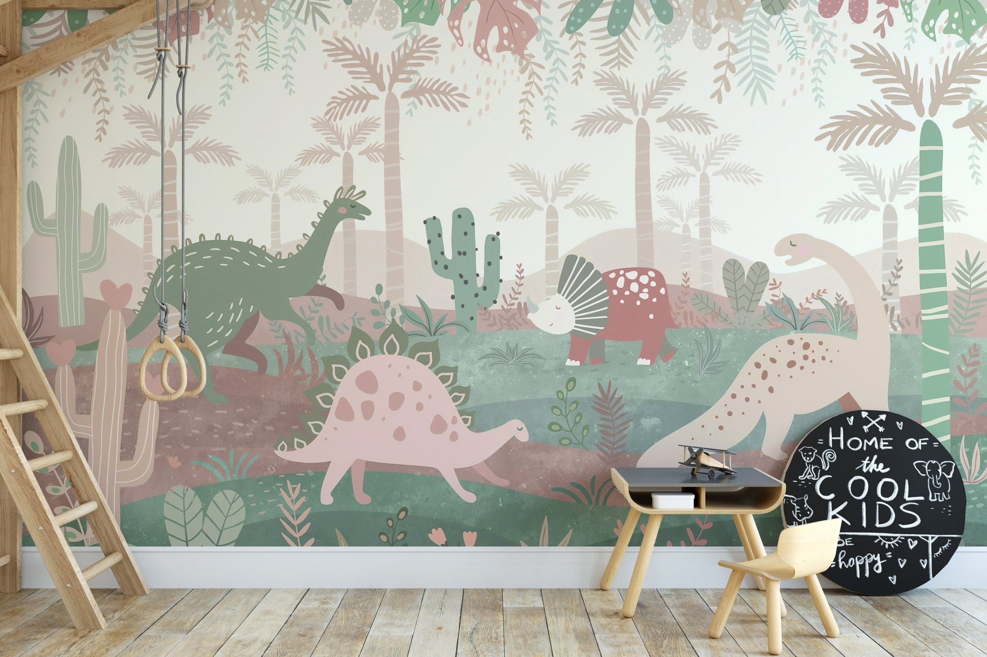 Cheerful dinosaur parade wall mural in kids activity area.