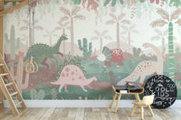 Cheerful dinosaur parade wall mural in kids activity area.