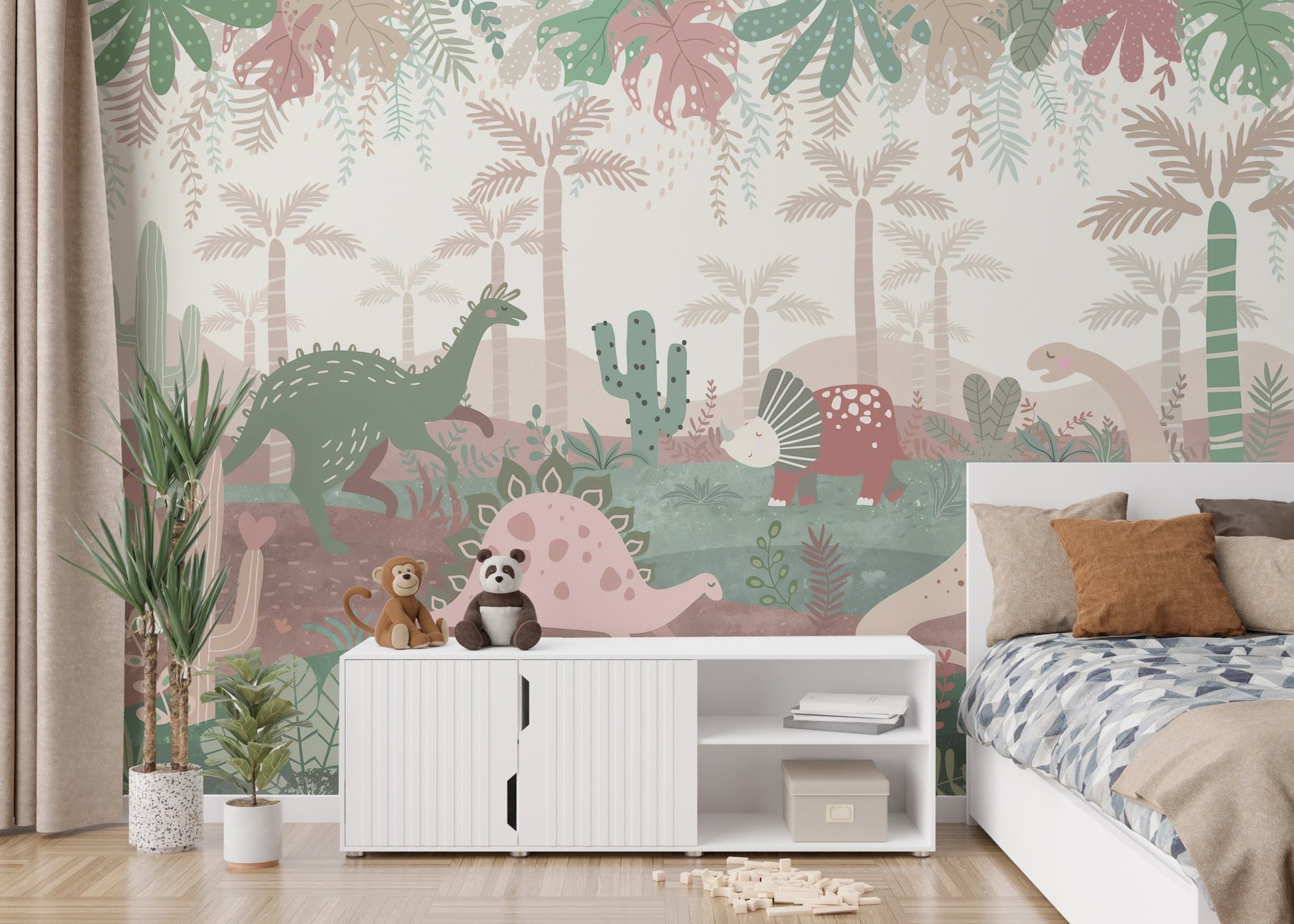 Whimsical dinosaur wall mural in soft tones for kids bedroom.