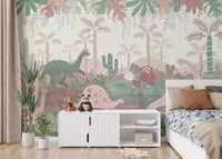 Whimsical dinosaur wall mural in soft tones for kids bedroom.