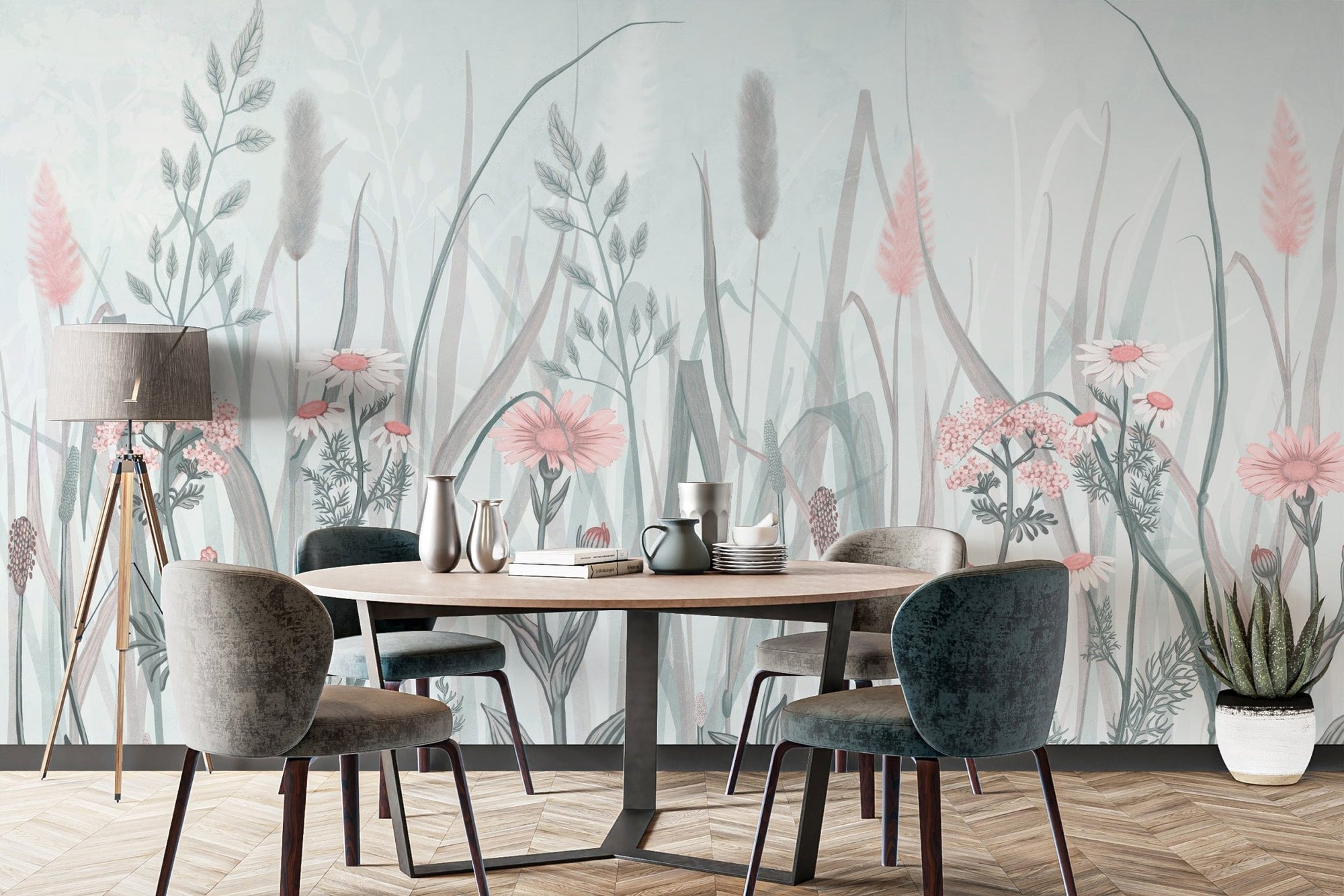 Whimsical pink flora wall mural with soft blush flowers and sage stems.