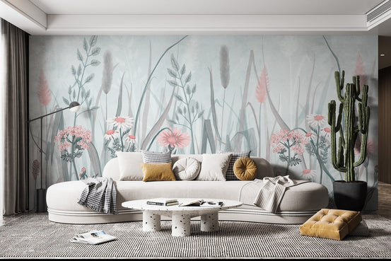 Whimsical pink flora wallpaper mural in light watercolor style.