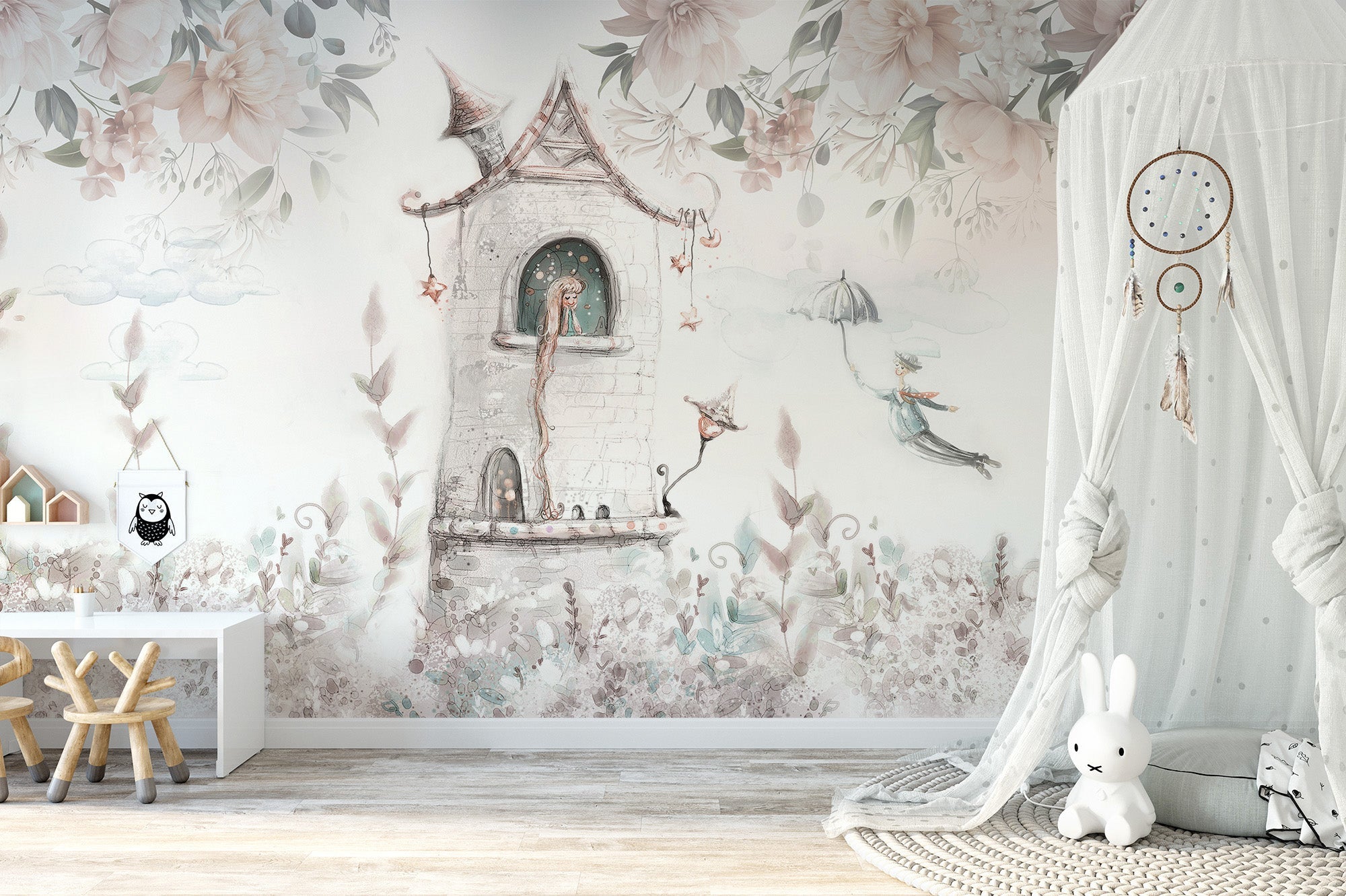 Whimsical princess castle mural wallpaper with pastel tower art.