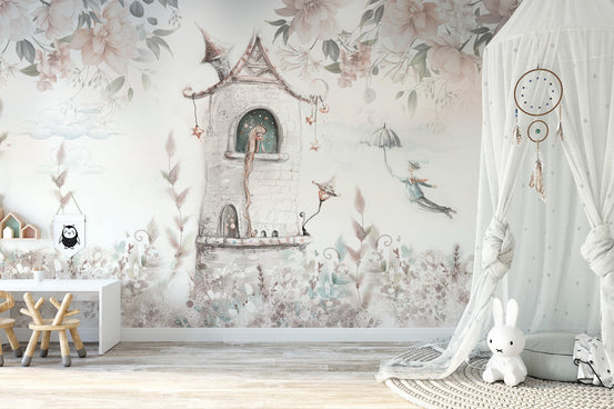 Whimsical princess castle mural wallpaper with pastel tower art.
