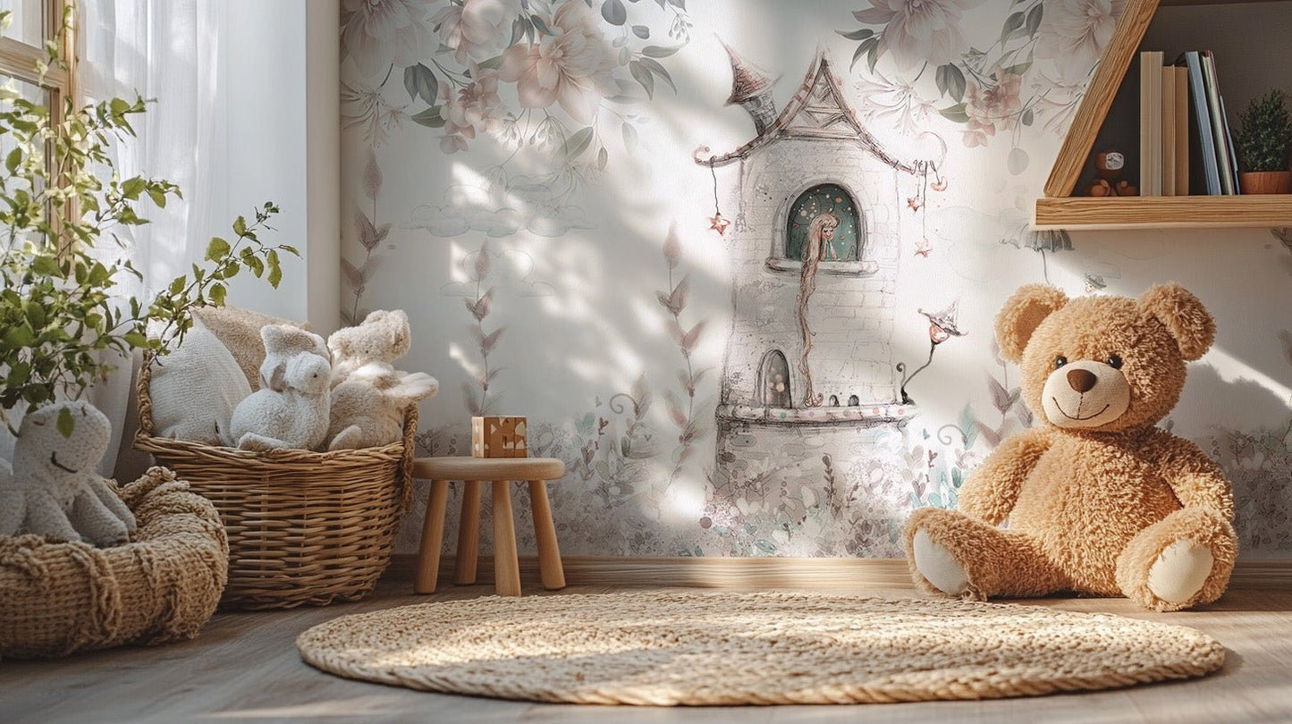 Whimsical castle wallpaper for girls' room
