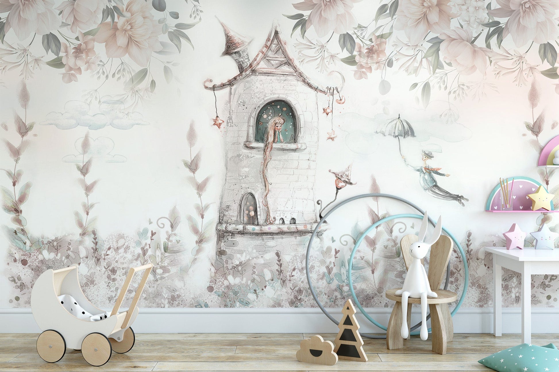 Dreamy princess castle mural for kids
