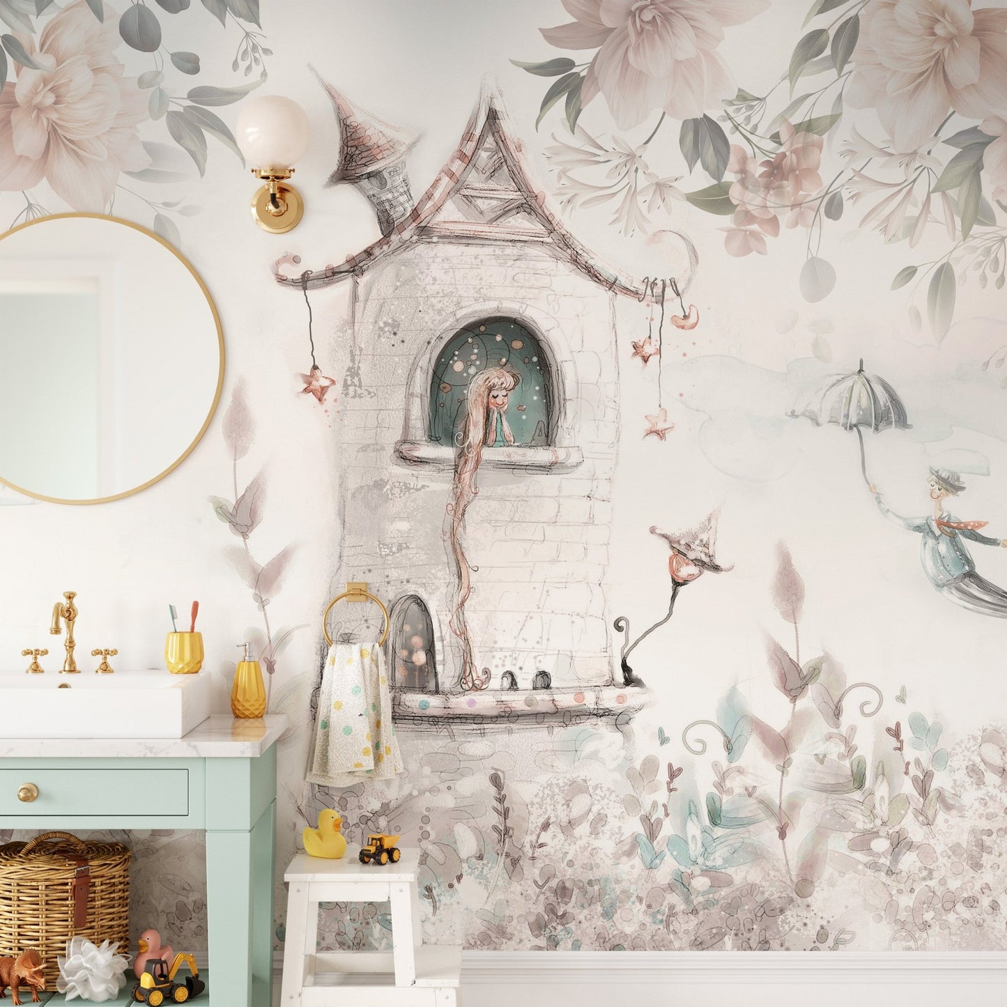 Elegant princess castle wall mural design

