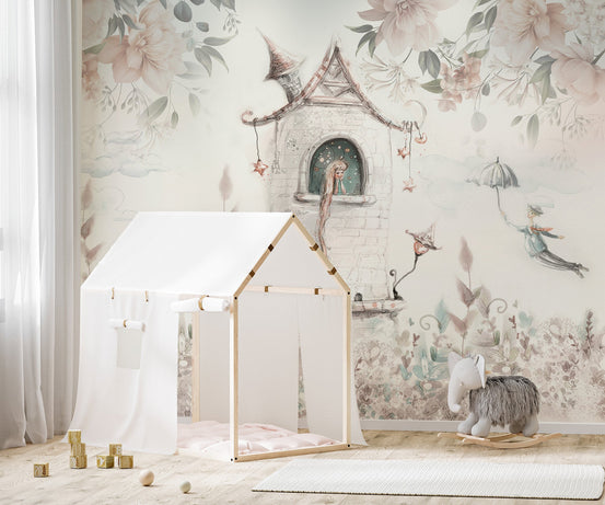 Fairytale castle wall mural in soft blush and sage color tones.
