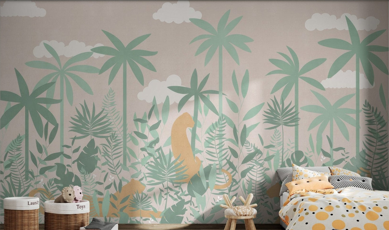Sage green monstera leaves and wildcats wall mural for kids bedroom.
