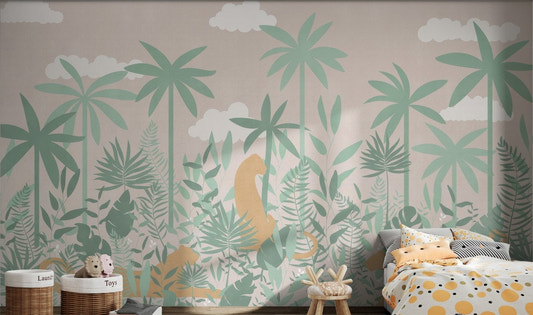 Sage green monstera leaves and wildcats wall mural for kids bedroom.