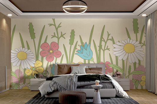 Hand-drawn floral wall mural featuring soft pink and blue blooms.