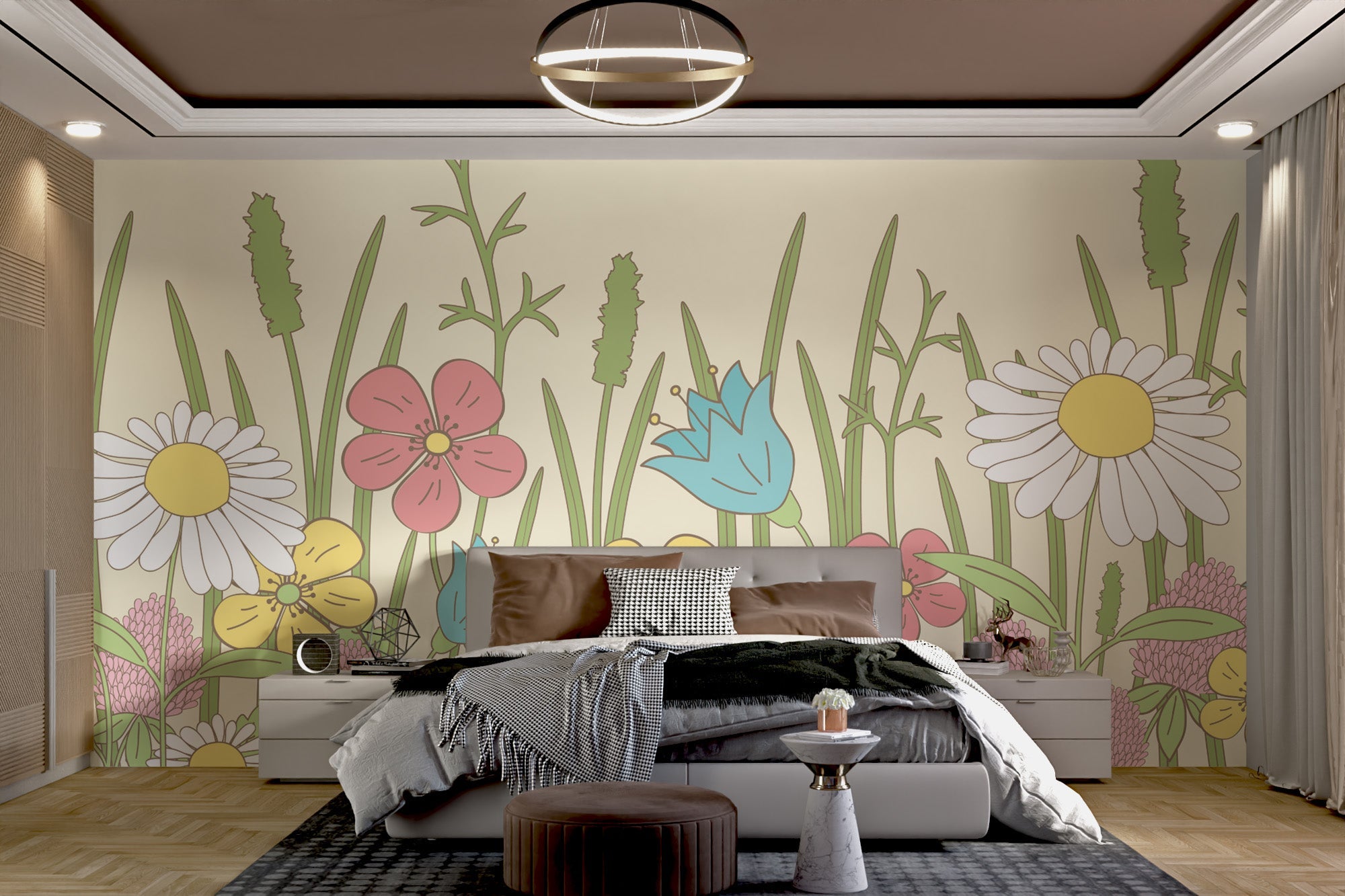 Hand-drawn floral wall mural featuring soft pink and blue blooms.