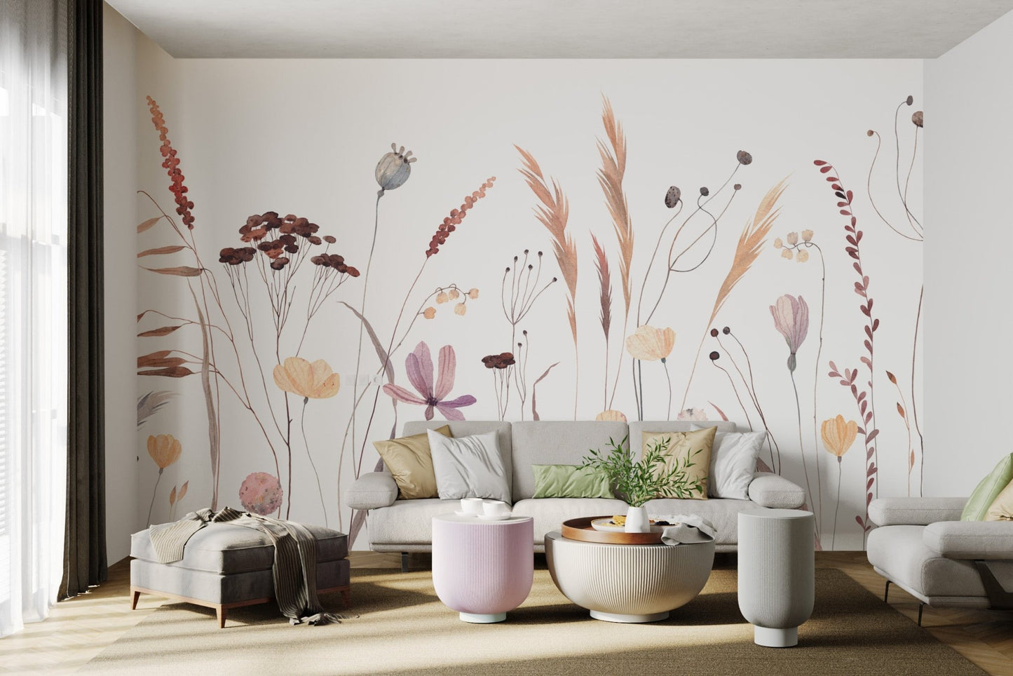 Nature-inspired mural with whimsical wildflower details