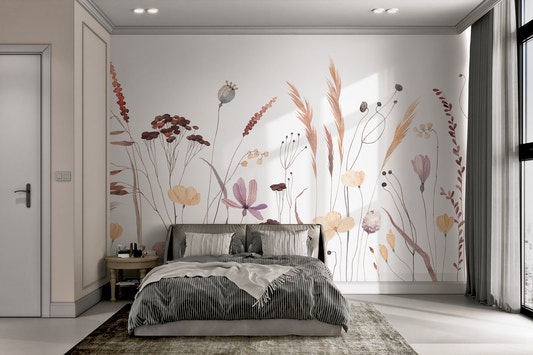 Delicate wildflower mural with whimsical watercolor design for bedroom.