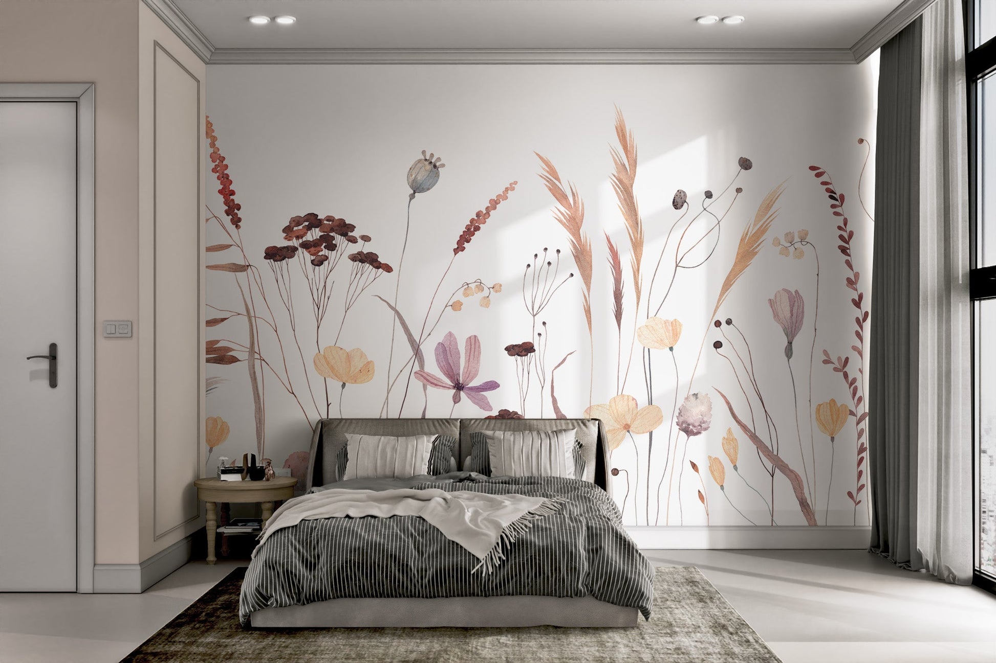 Delicate wildflower mural with whimsical watercolor design for bedroom.