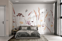 Delicate wildflower mural with whimsical watercolor design for bedroom.