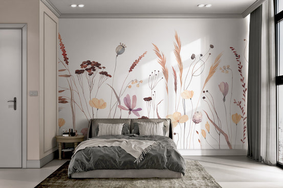 Delicate wildflower mural with whimsical watercolor design for bedroom.