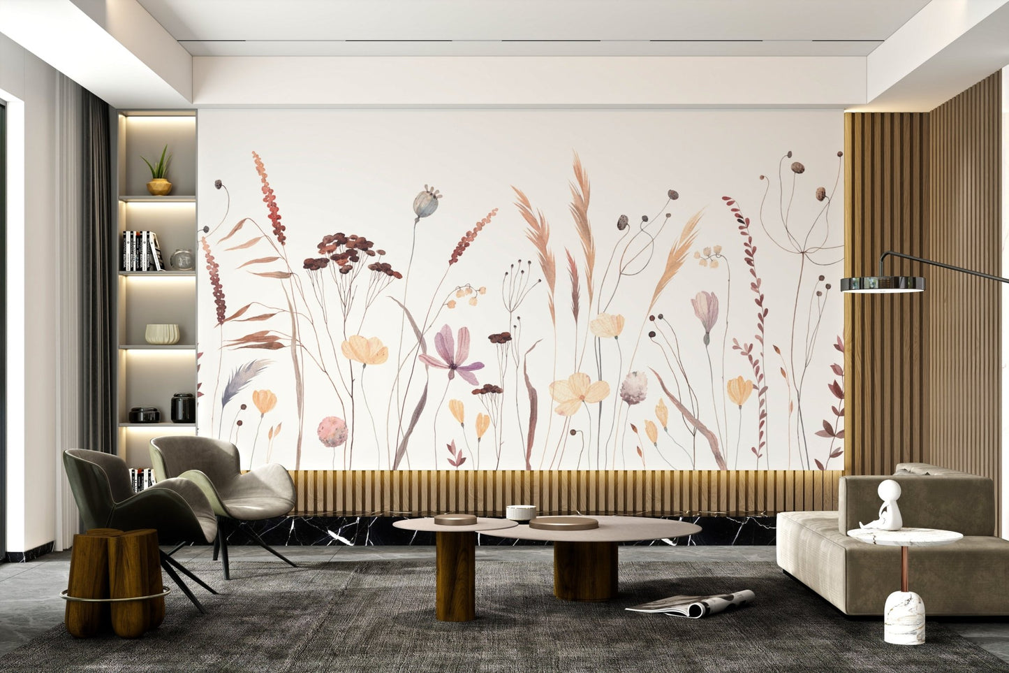 Whimsical floral design with vibrant watercolor wildflowers for living space.